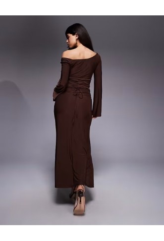 ASOS DESIGN off shoulder sculpting maxi dress in chocolate