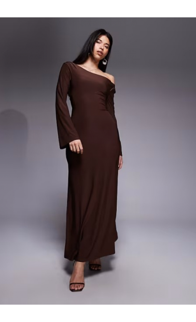 ASOS DESIGN off shoulder sculpting maxi dress in chocolate