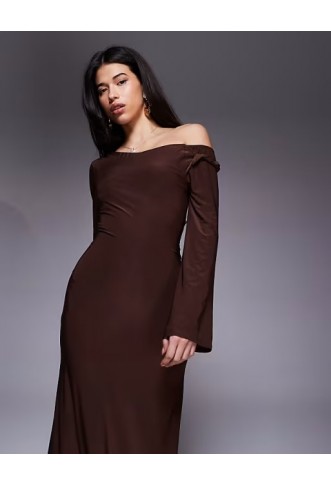 ASOS DESIGN off shoulder sculpting maxi dress in chocolate