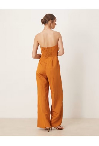 Mango linen mix bandeau jumpsuit in burnt orange