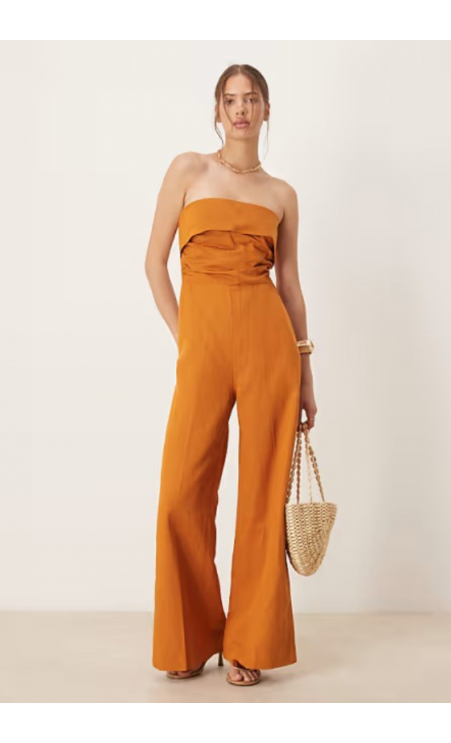 Mango linen mix bandeau jumpsuit in burnt orange