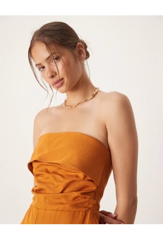 Mango linen mix bandeau jumpsuit in burnt orange