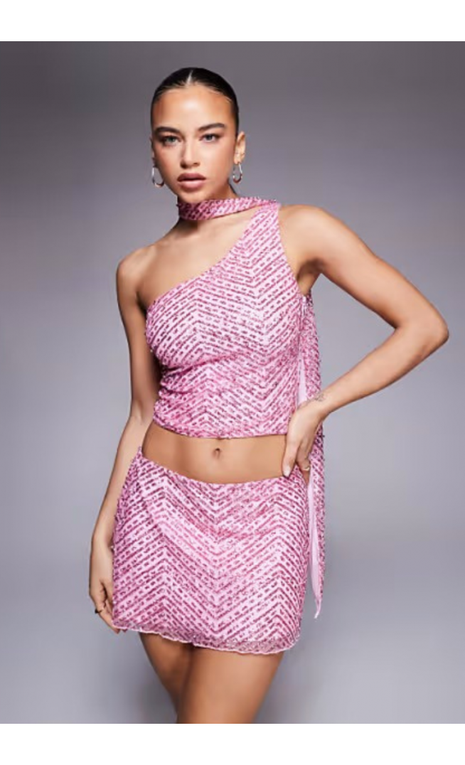 Oh Polly Cosette glitter embellished one shoulder scarf top