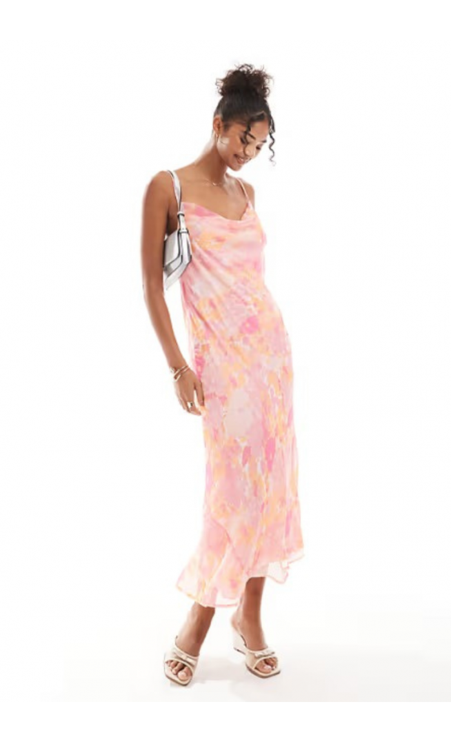 Vero Moda Smilla cowl neck cami midi dress in pink blurred floral print