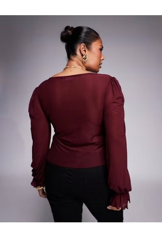 ASOS DESIGN Curve semi sheer long sleeve v-neck top