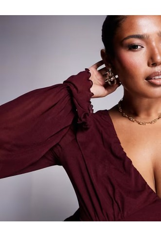 ASOS DESIGN Curve semi sheer long sleeve v-neck top