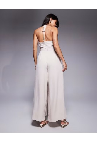 ASOS DESIGN halter asym overlay detail jumpsuit in stone