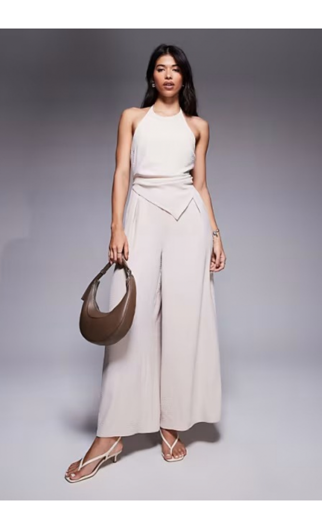 ASOS DESIGN halter asym overlay detail jumpsuit in stone