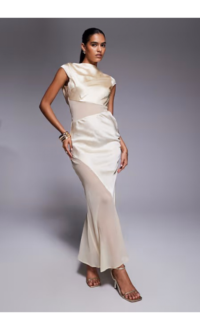 ASOS DESIGN cap sleeve satin midi dress with sheer chiffon panels