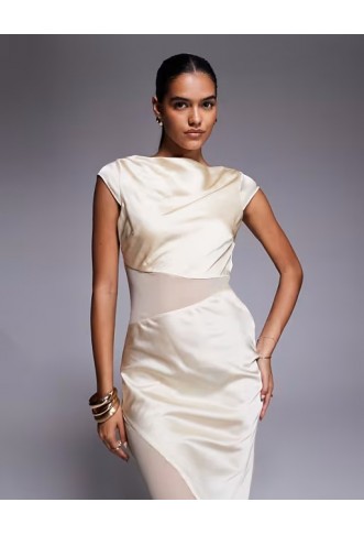 ASOS DESIGN cap sleeve satin midi dress with sheer chiffon panels