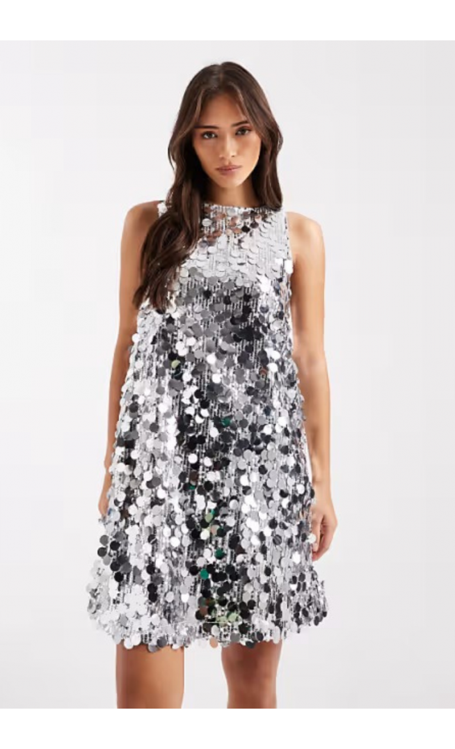 Pieces sleeveless disc sequin mini dress in silver