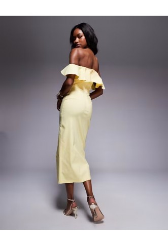 Vesper bengaline frill bardot side split midi dress in lemon