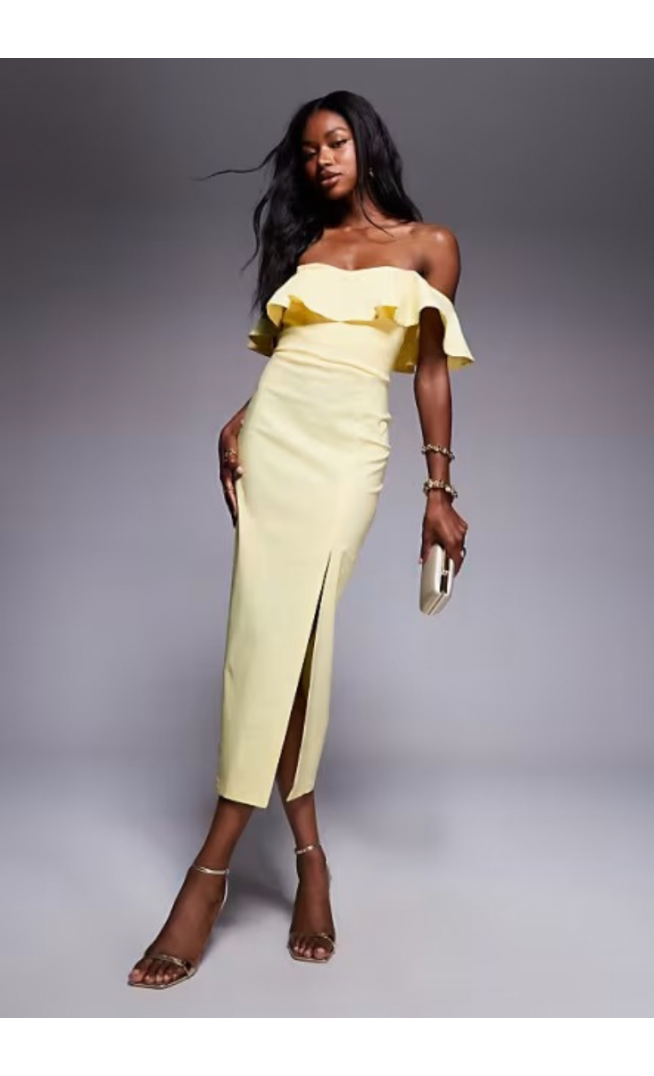 Vesper bengaline frill bardot side split midi dress in lemon