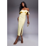 Vesper bengaline frill bardot side split midi dress in lemon