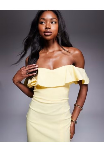 Vesper bengaline frill bardot side split midi dress in lemon