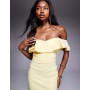 Vesper bengaline frill bardot side split midi dress in lemon