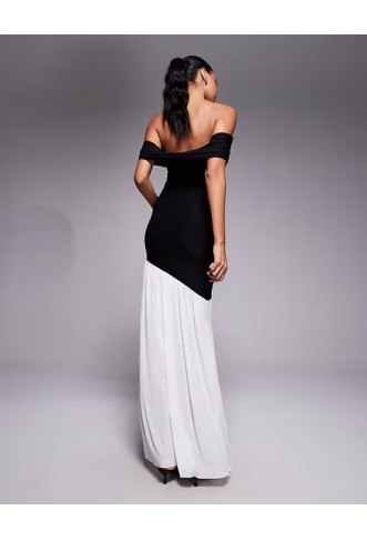 Kaiia exclusive double layered slinky foldover bardot asymmetric contrast hem maxi dress