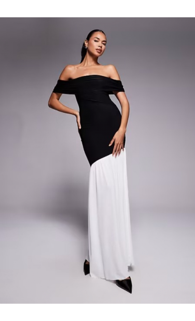 Kaiia exclusive double layered slinky foldover bardot asymmetric contrast hem maxi dress