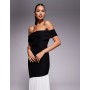 Kaiia exclusive double layered slinky foldover bardot asymmetric contrast hem maxi dress