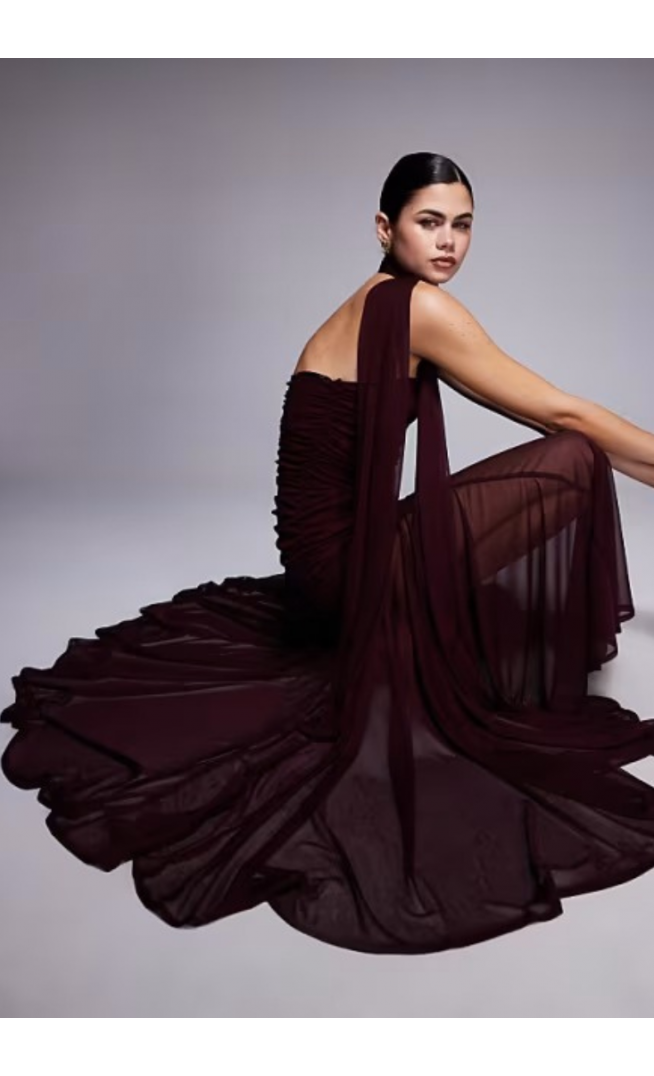 TFNC bandeau ruched scarf detail sheer hem maxi dress