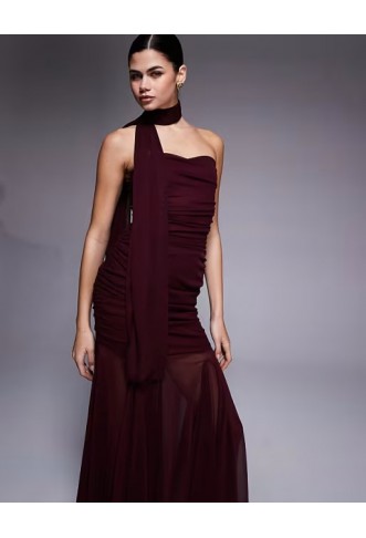 TFNC bandeau ruched scarf detail sheer hem maxi dress