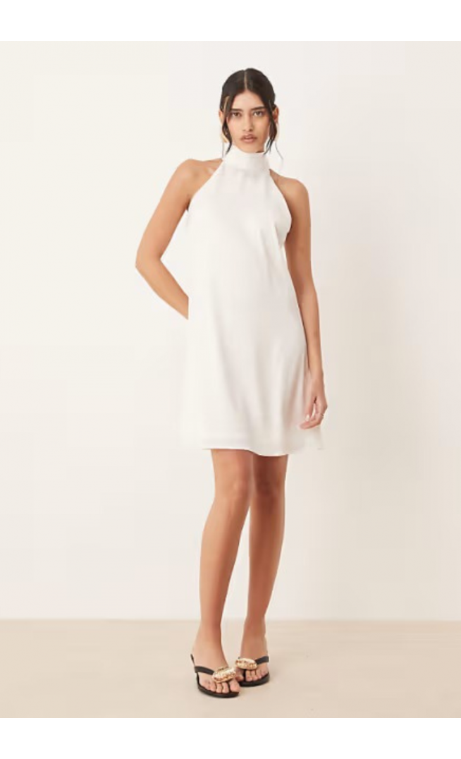 YAS halterneck mini dress with bow back in white