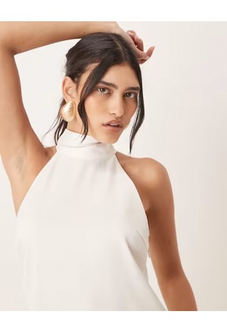 YAS halterneck mini dress with bow back in white