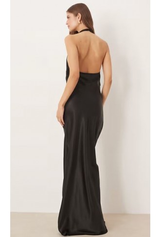 SNDYS satin cowl neck scarf detail maxi dress in black