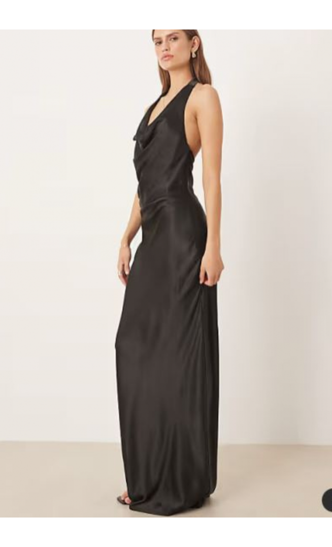 SNDYS satin cowl neck scarf detail maxi dress in black