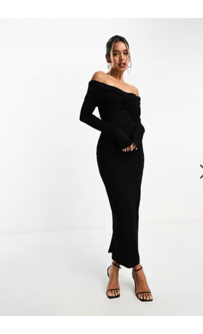 ASOS DESIGN off shoulder twist midi dress with long sleeves in black