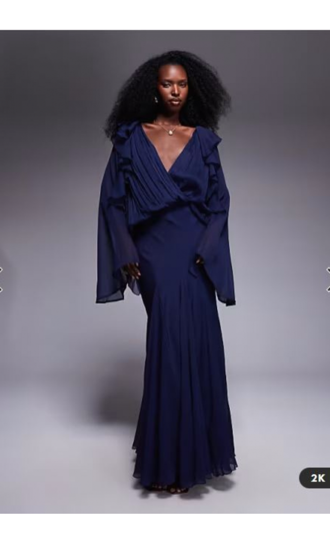 ASOS DESIGN slouchy hip ruffle maxi dress with godets in navy