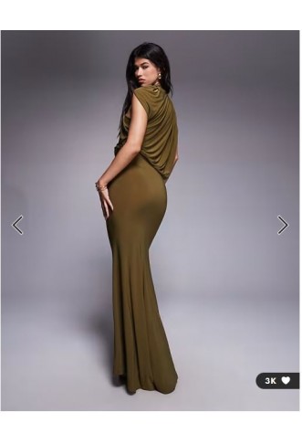ASOS DESIGN one shoulder slinky drape maxi dress with cape detail in khaki