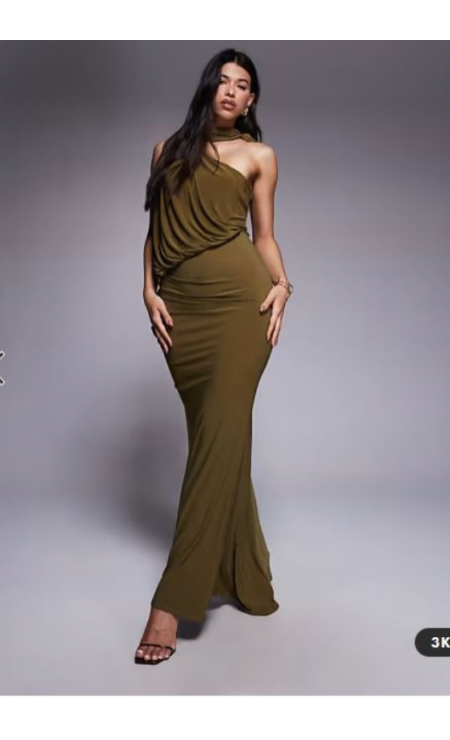 ASOS DESIGN one shoulder slinky drape maxi dress with cape detail in khaki