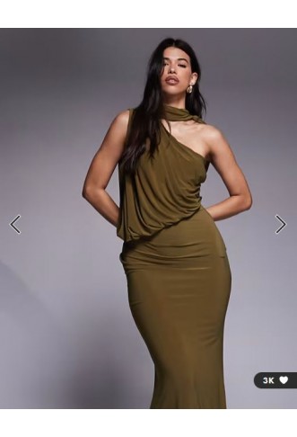 ASOS DESIGN one shoulder slinky drape maxi dress with cape detail in khaki