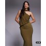 ASOS DESIGN one shoulder slinky drape maxi dress with cape detail in khaki