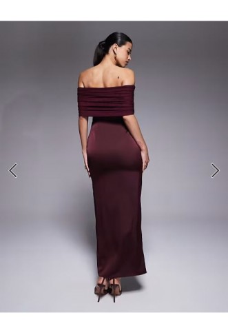 Aria Cove bardot sheer panel drape detail fishtail satin maxi dress in plum
