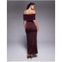 Aria Cove bardot sheer panel drape detail fishtail satin maxi dress in plum