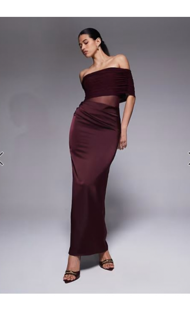 Aria Cove bardot sheer panel drape detail fishtail satin maxi dress in plum