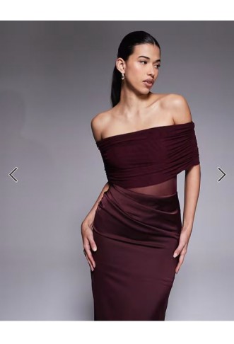 Aria Cove bardot sheer panel drape detail fishtail satin maxi dress in plum