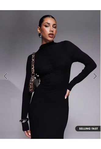 ASOS DESIGN high neck long sleeve with ruching maxi dress in black