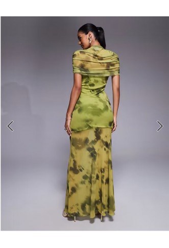ASOS DESIGN printed mesh highneck overlay maxi dress with sheer shirt in green floral