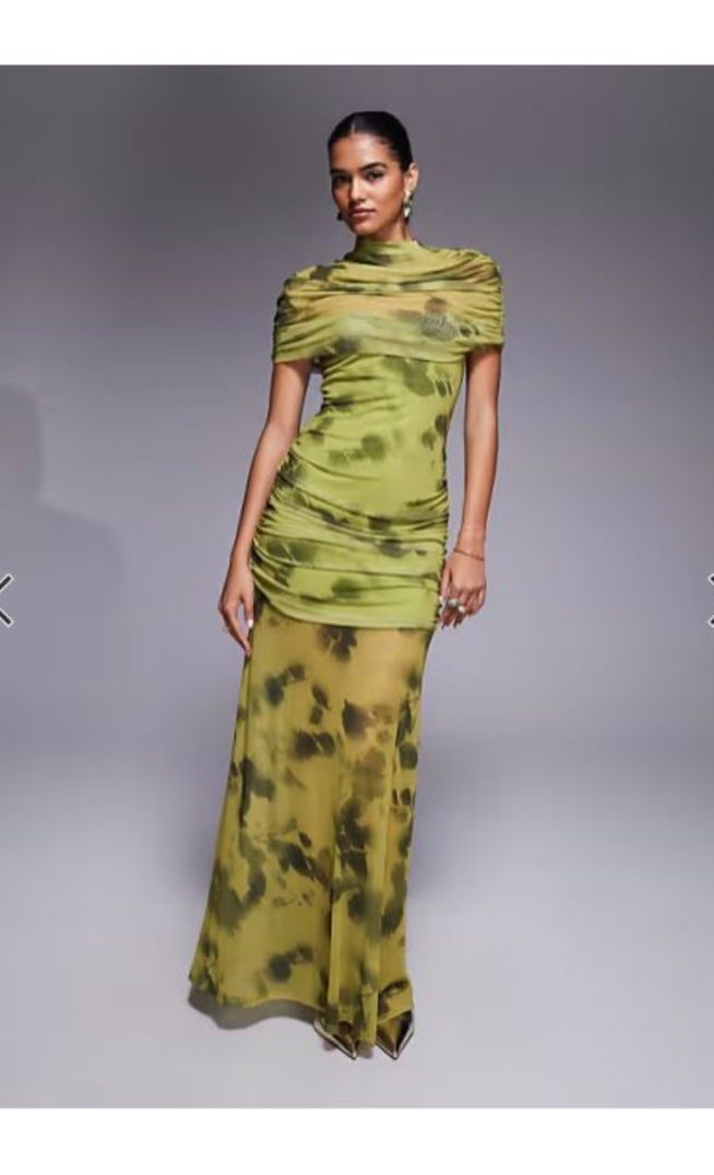 ASOS DESIGN printed mesh highneck overlay maxi dress with sheer shirt in green floral