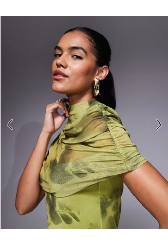 ASOS DESIGN printed mesh highneck overlay maxi dress with sheer shirt in green floral