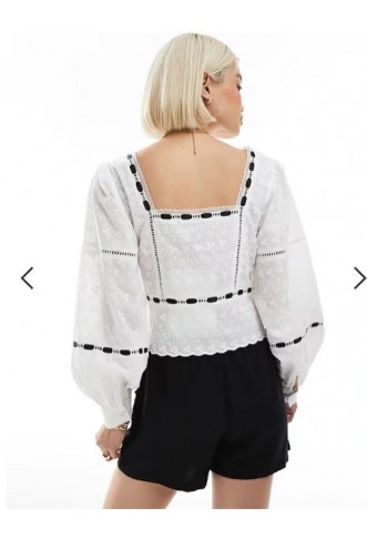 ASOS DESIGN square neck broderie top with ribbon insert in white