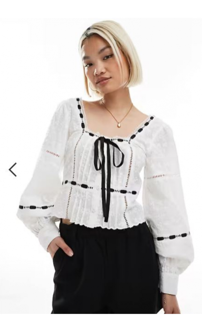 ASOS DESIGN square neck broderie top with ribbon insert in white