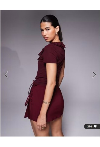 ASOS DESIGN semi sheer short sleeve v neck ruffle front top in berry