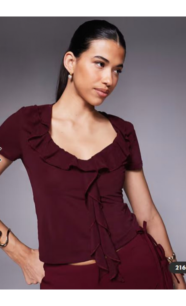 ASOS DESIGN semi sheer short sleeve v neck ruffle front top in berry