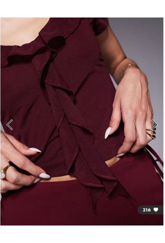ASOS DESIGN semi sheer short sleeve v neck ruffle front top in berry