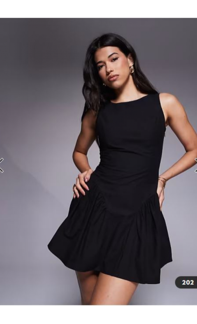 The Frolic exclusive bengaline sleeveless slash neck hip pleat detail mini dress in black