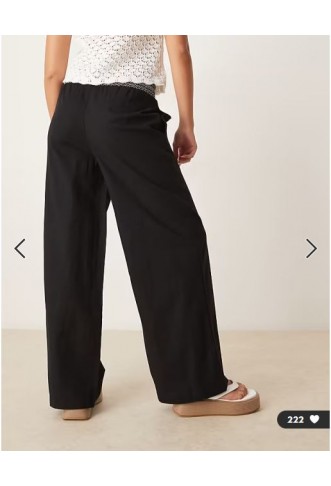 ASOS DESIGN linen blend pull on wide leg trousers with shirred waist detail in black with cream